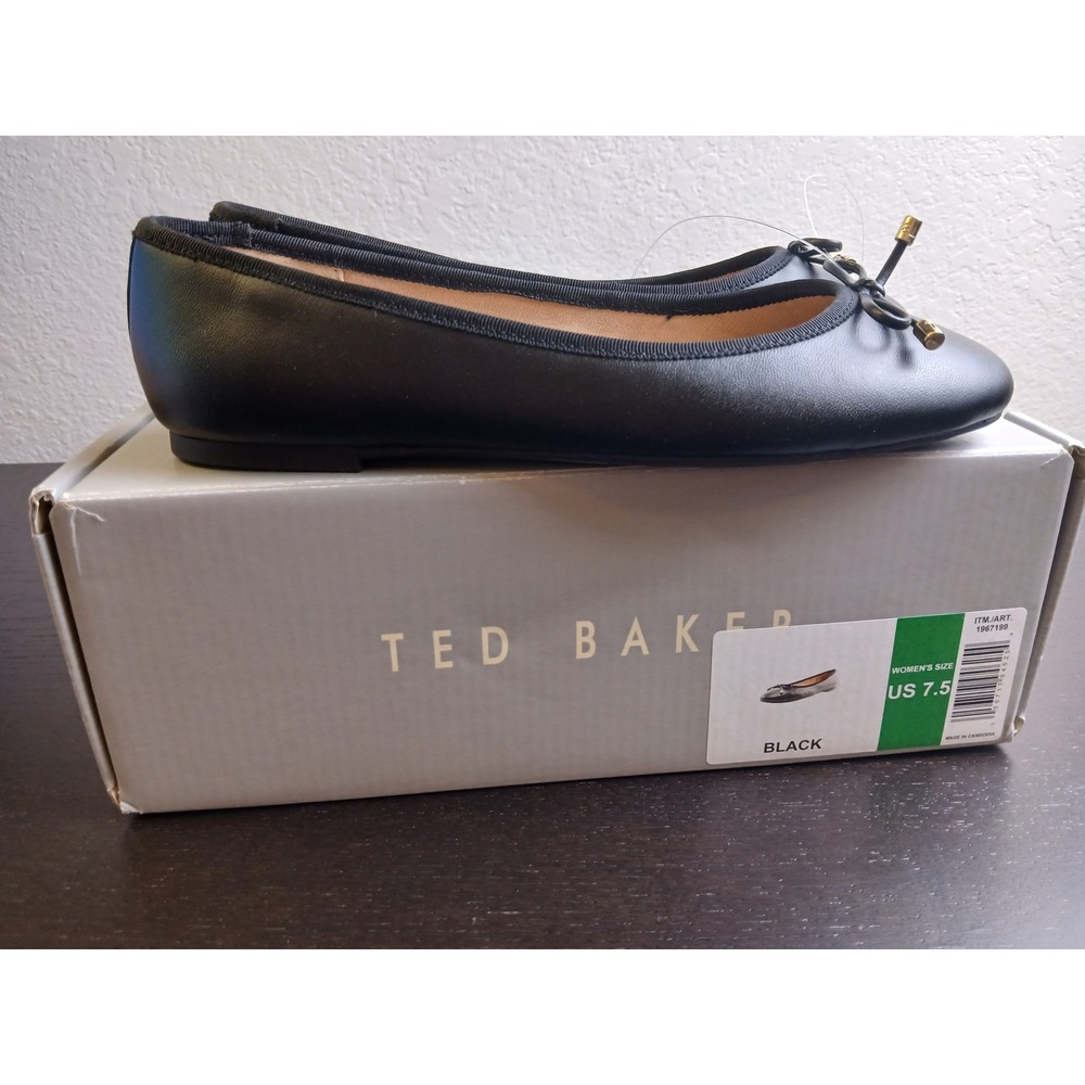 Ted Baker Womens Black Leather Ballet Flats Bow Gold Hardware 1967199 Size 7.5